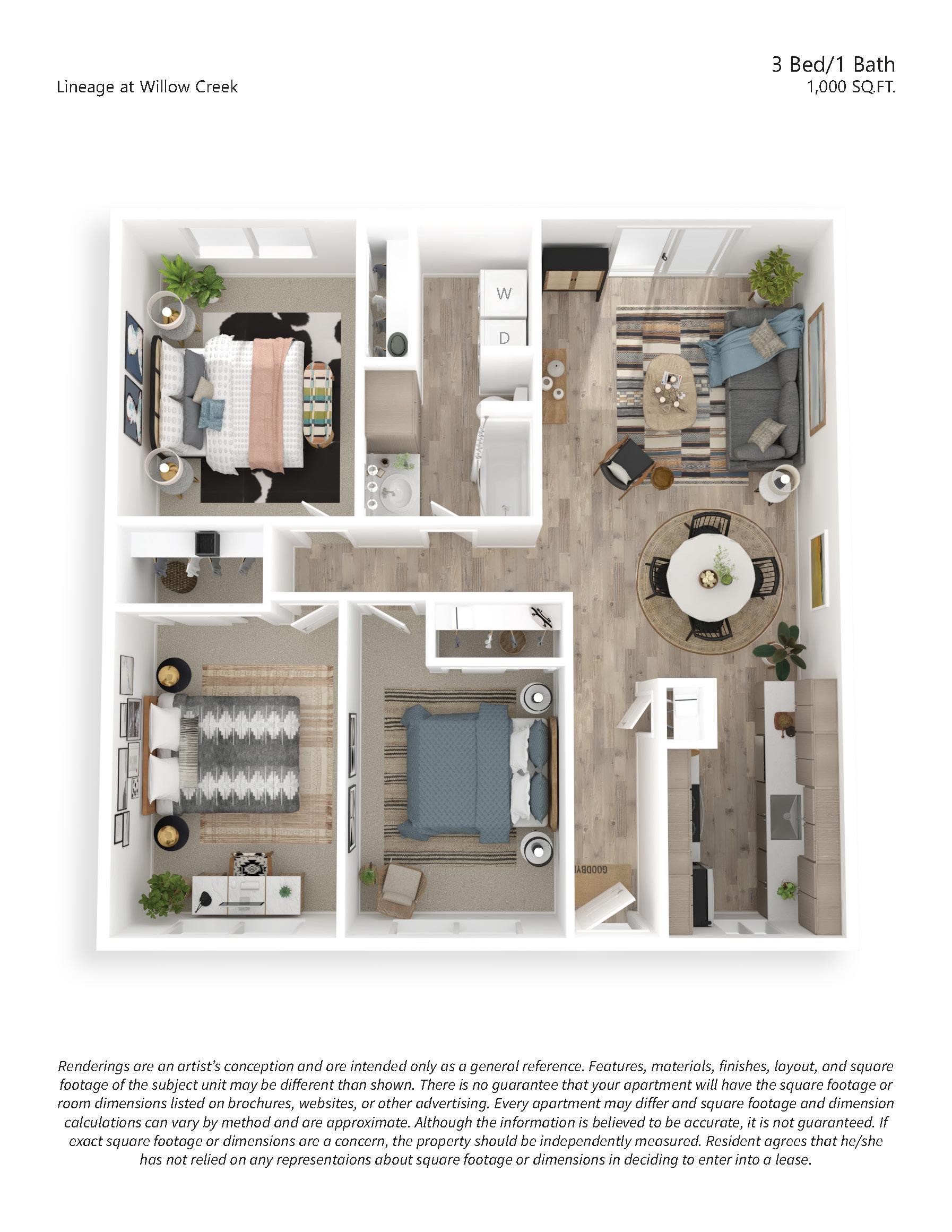 Floor plan for 3 beds, 1 bath, 1000 sqft